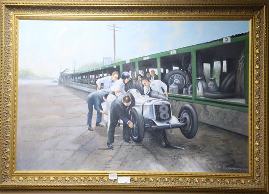 Max Brandrett, oil on canvas, Vintage motor racing pitstop, signed 60 x 90cm